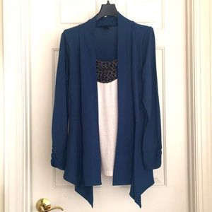AGB Top Small White Blue Cardigan Black Stones Jewels Neckline Long Sleeves